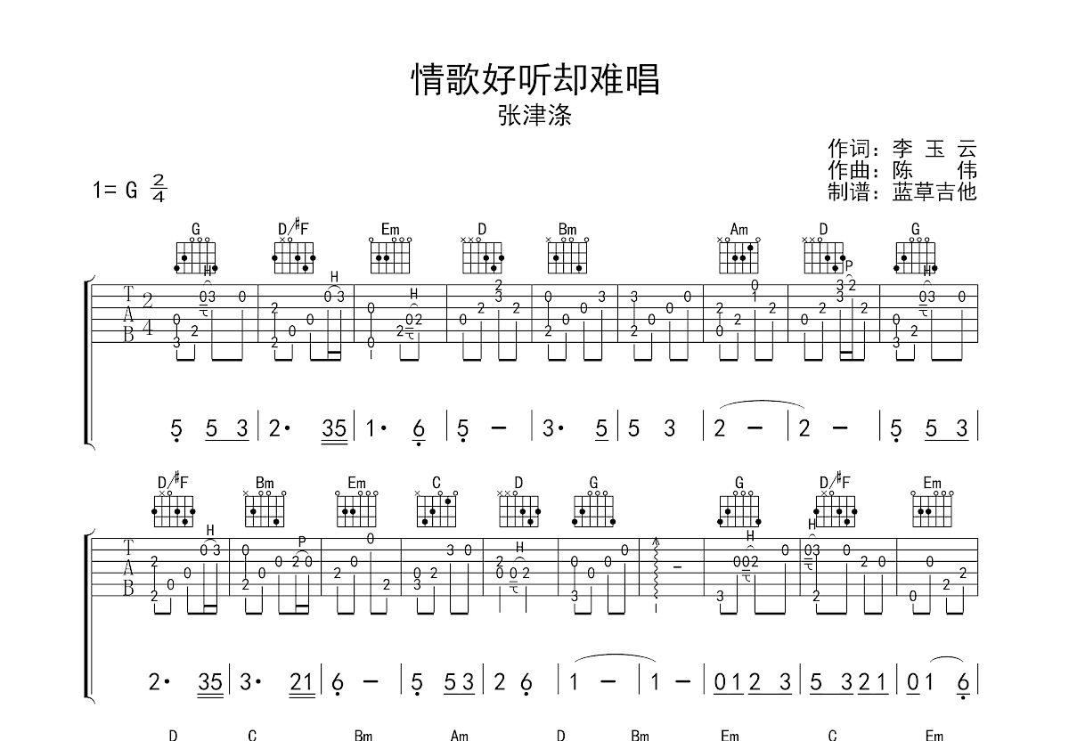 情歌好听却难唱吉他谱预览图