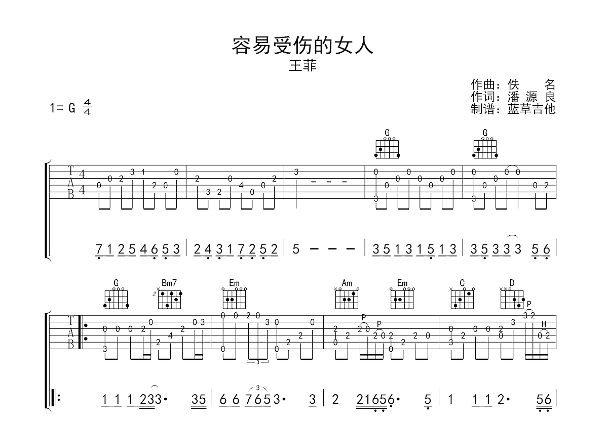 容易受伤的女人吉他谱预览图