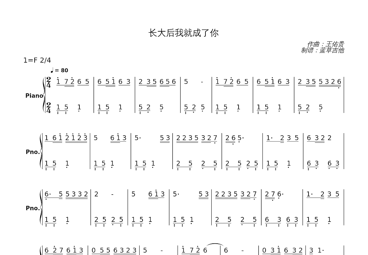 长大后我就成了你简谱预览图