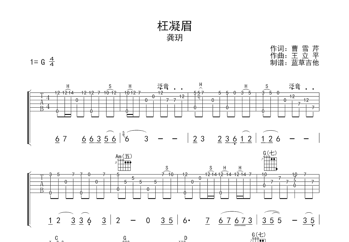 枉凝眉吉他谱预览图