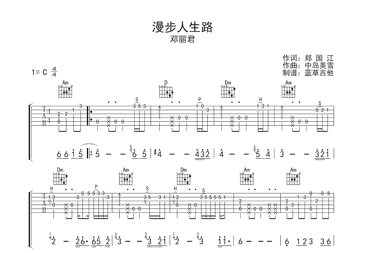 漫步人生路吉他谱预览图