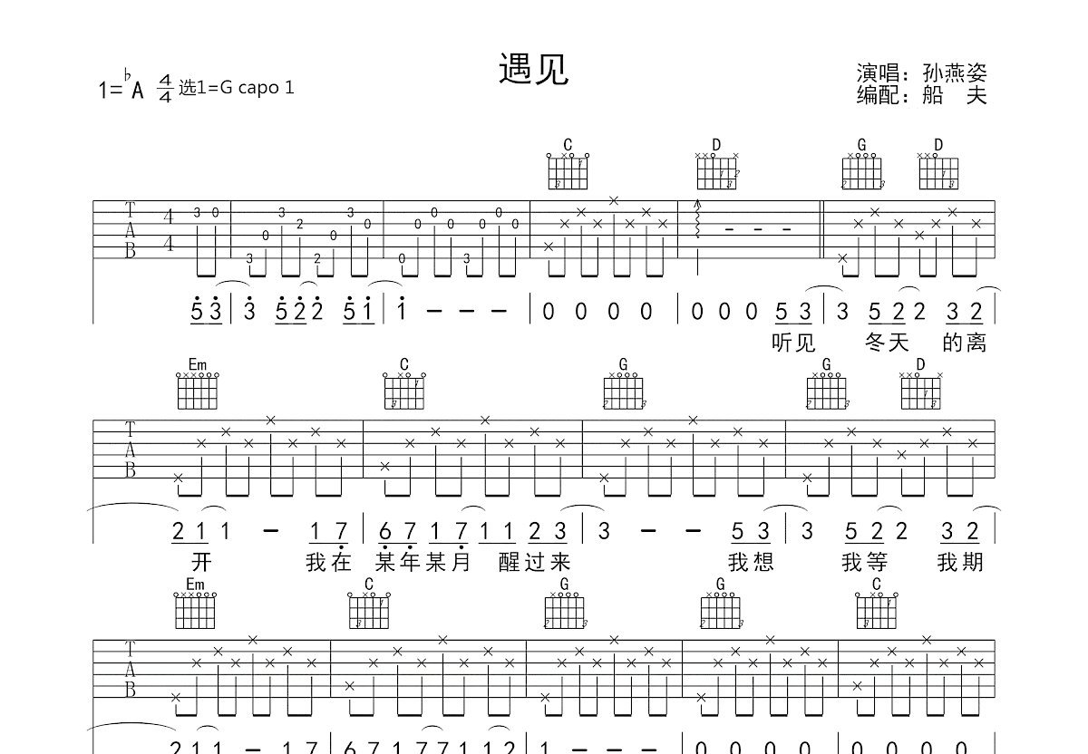 遇见吉他谱_孙燕姿_G调弹唱