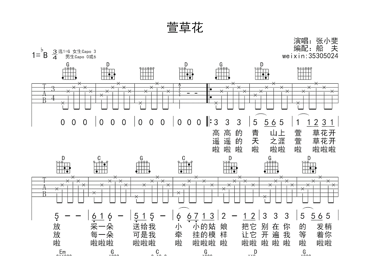 萱草花吉他谱_张小斐_G调弹唱