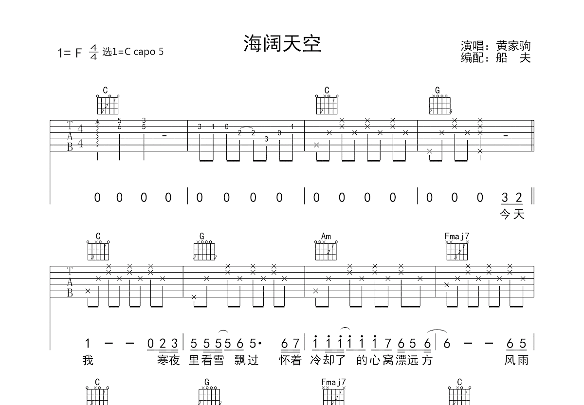 海阔天空吉他谱_黄家驹_C调弹唱