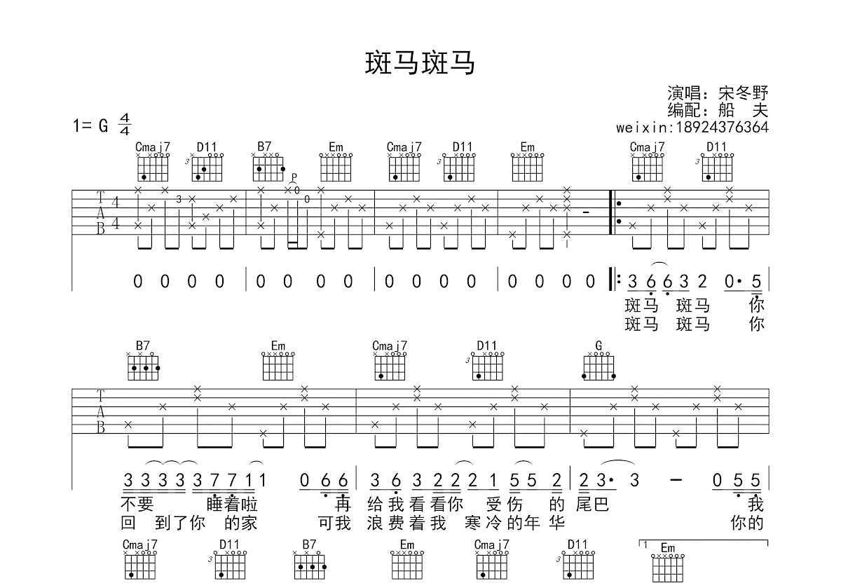 斑马斑马吉他谱_宋冬野_G调弹唱