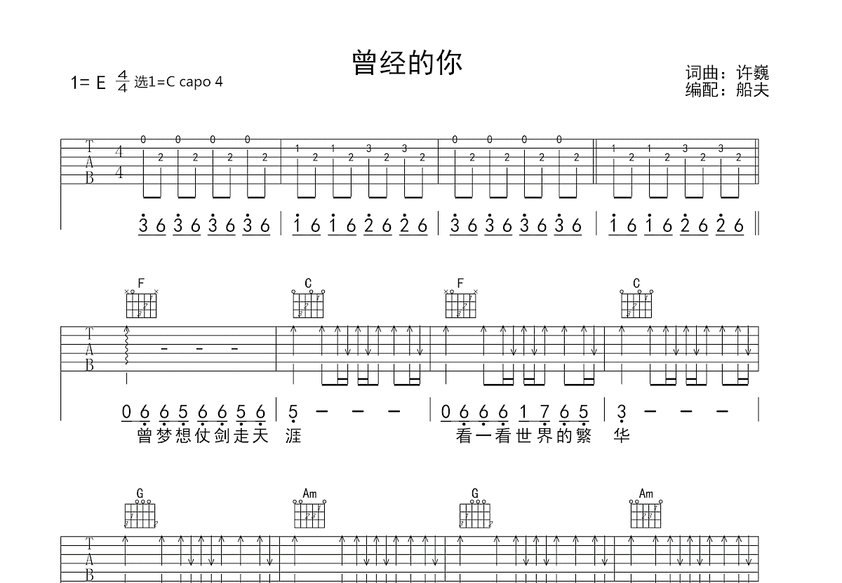 曾经的你吉他谱_许巍_C调弹唱
