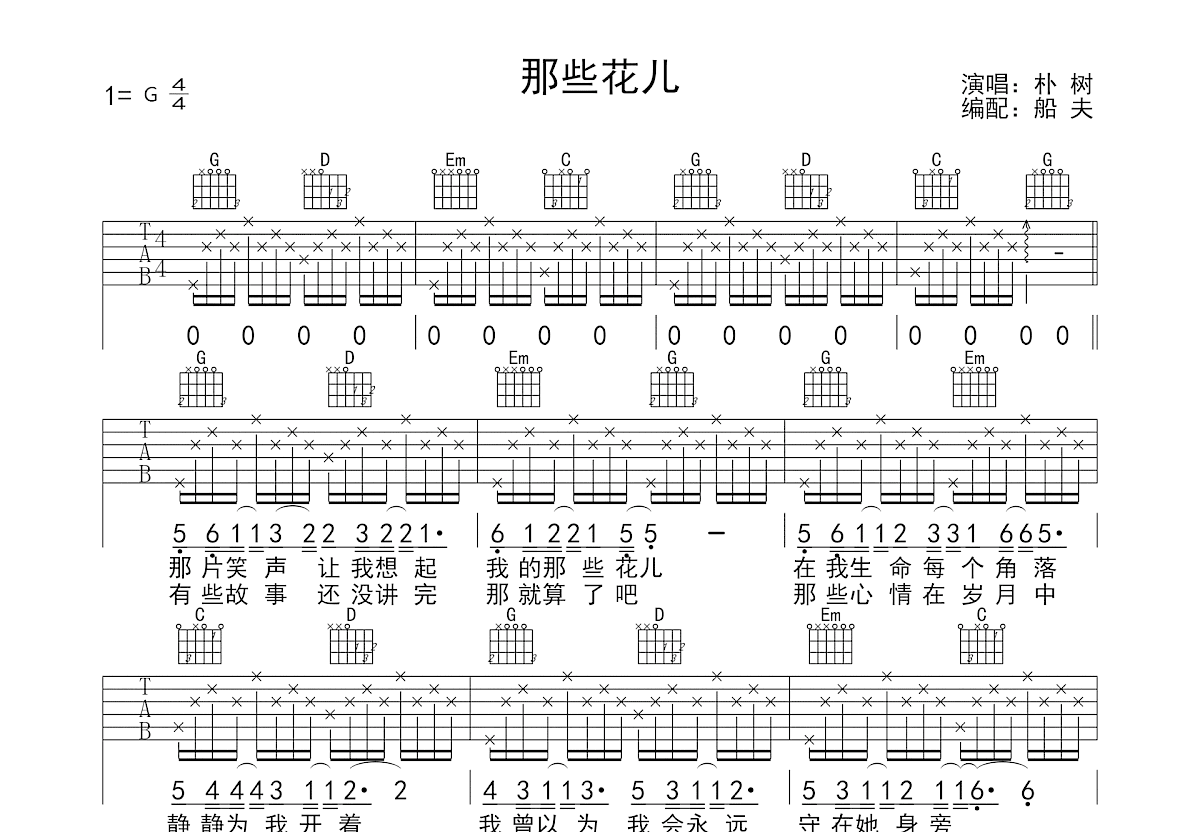 那些花儿吉他谱_朴树_G调弹唱