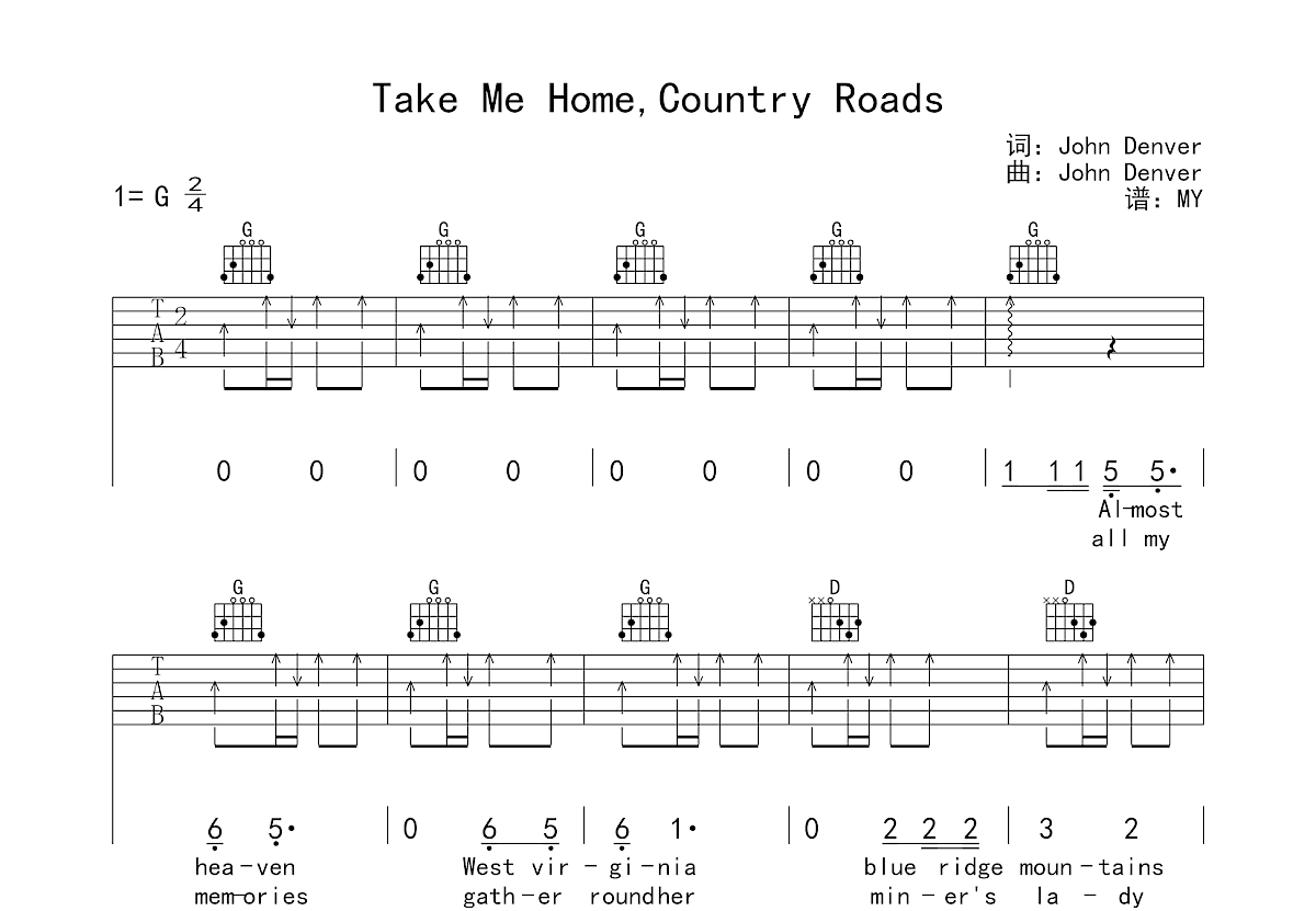 Take Me Home, Country Roads吉他谱预览图