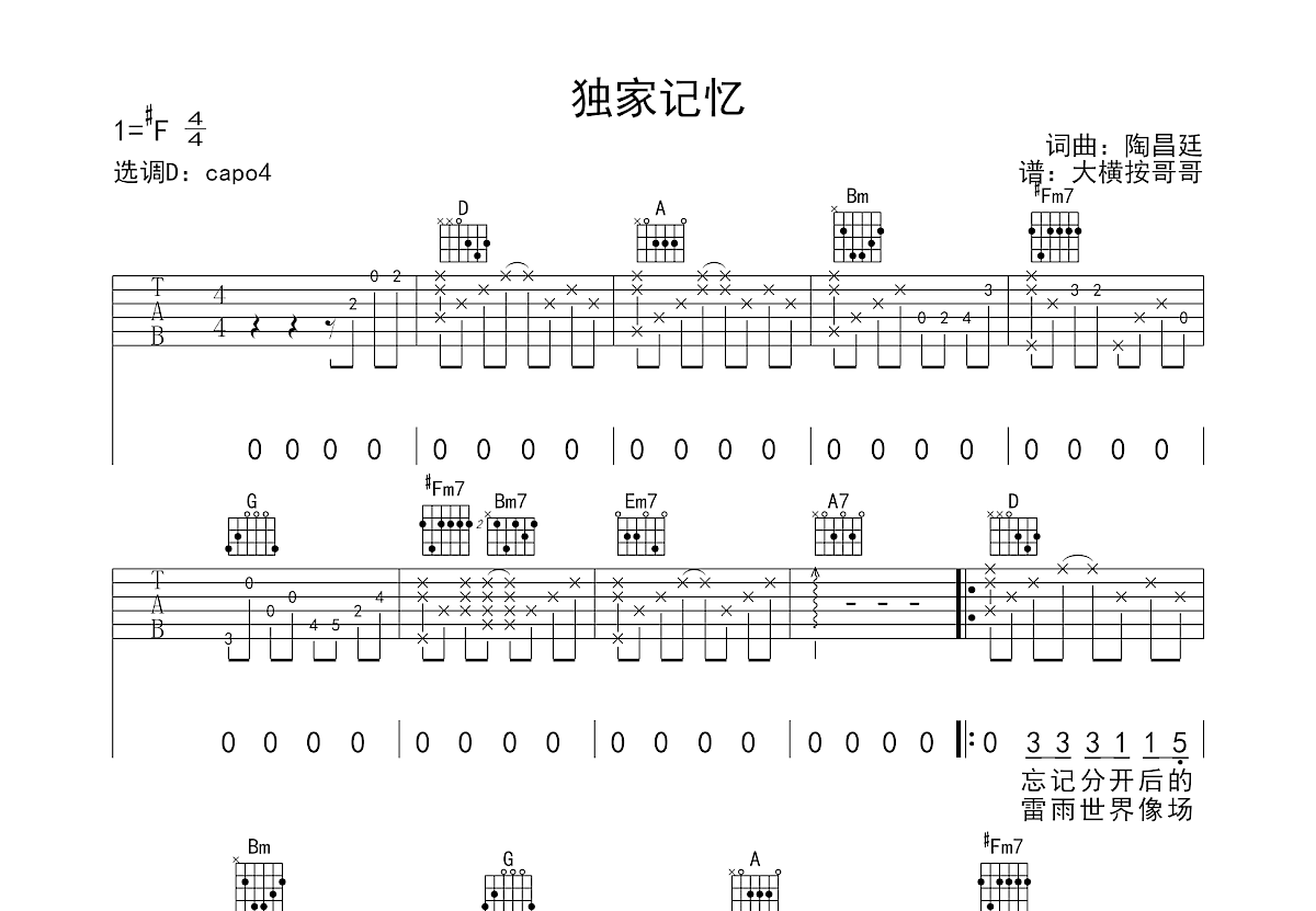 独家记忆吉他谱预览图