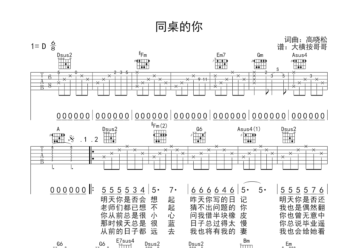 同桌的你吉他谱预览图