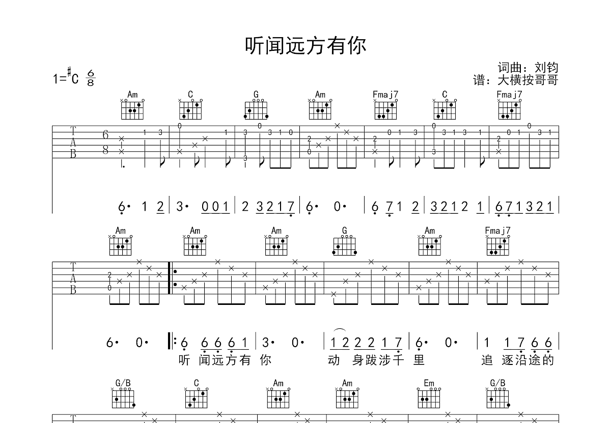 听闻远方有你吉他谱预览图