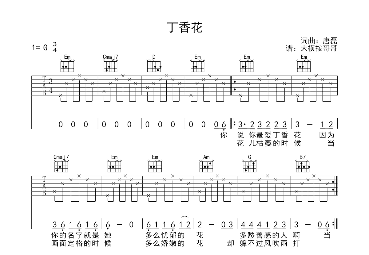 丁香花吉他谱_唐磊_G调弹唱