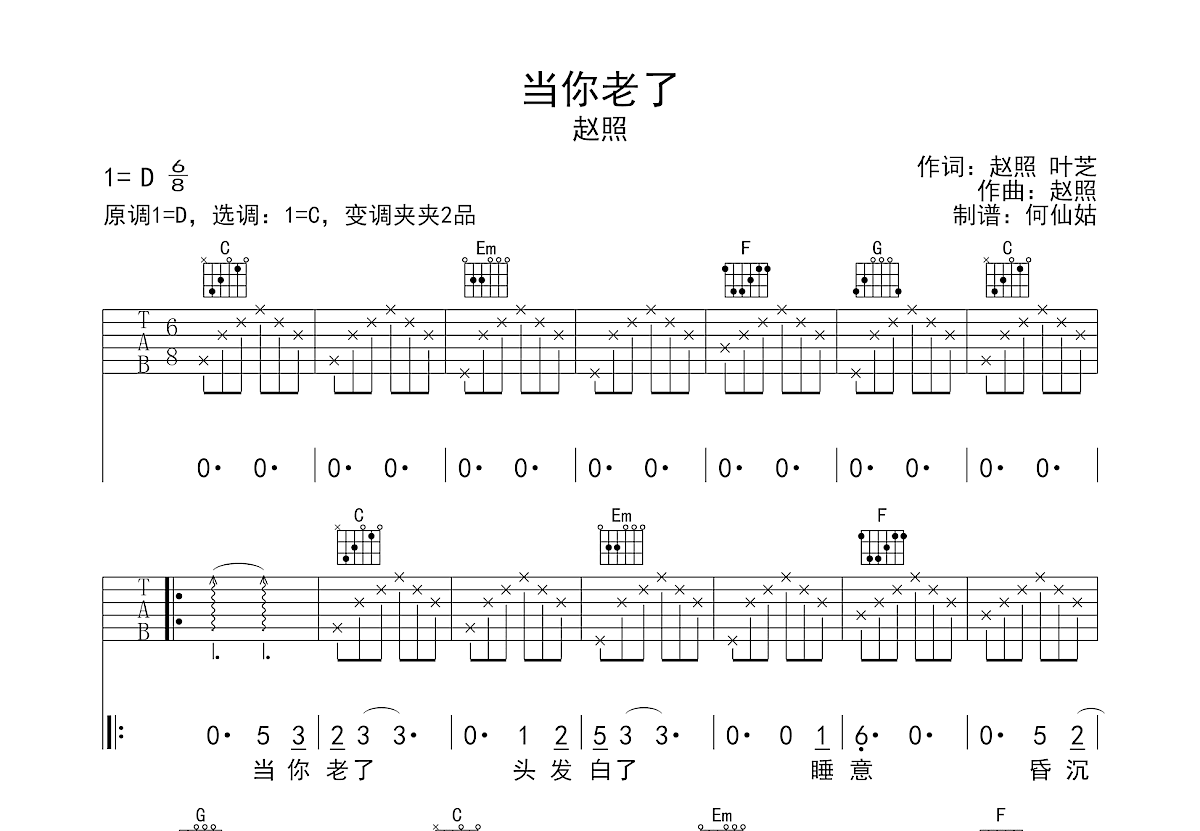 当你老了吉他谱预览图