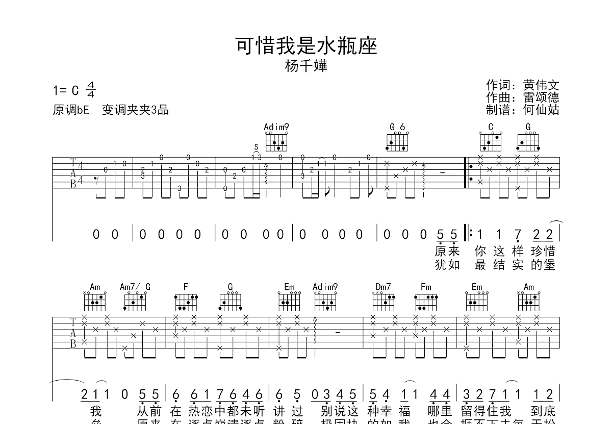 可惜我不是水瓶座吉他谱预览图