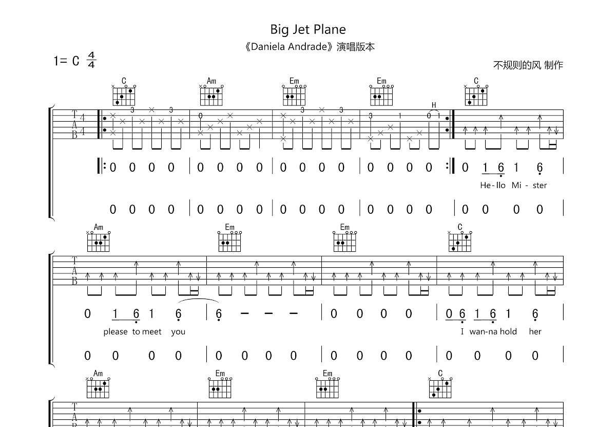 Big Jet Plane吉他谱预览图