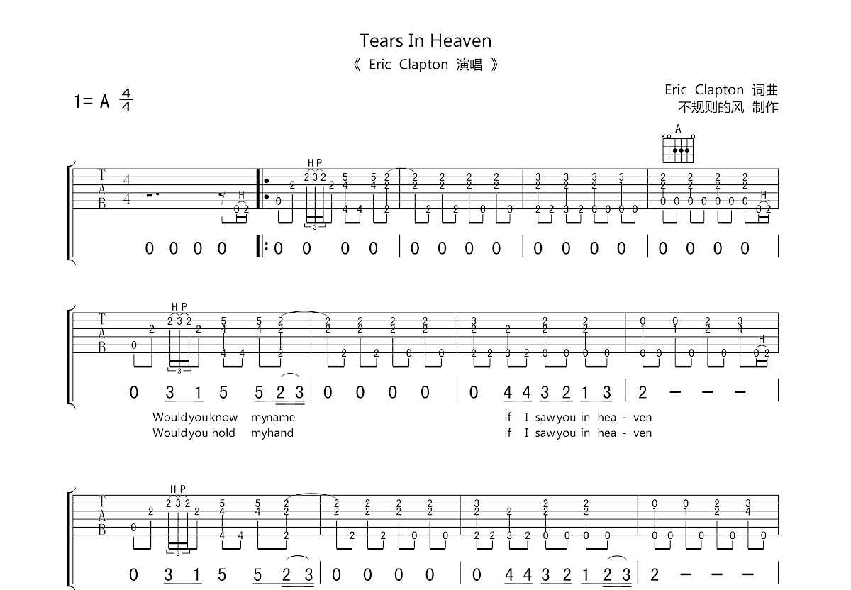 Tears In Heaven吉他谱预览图