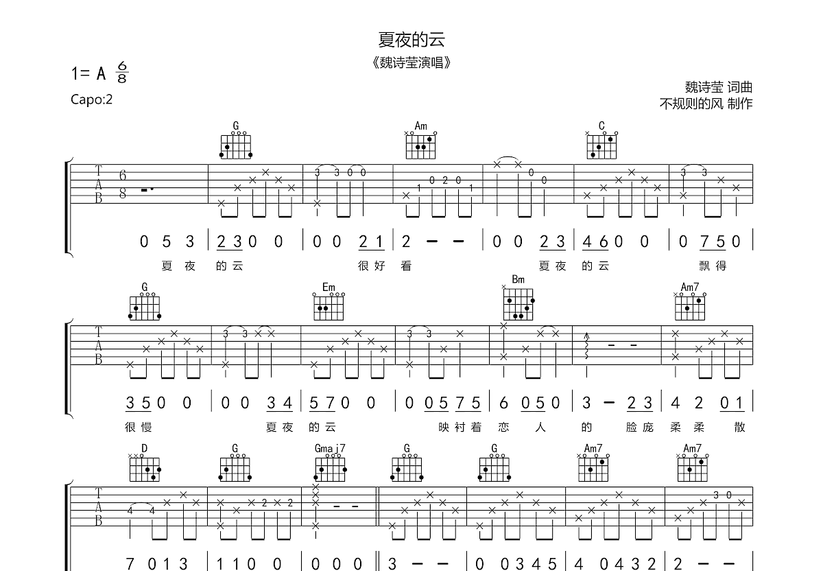 夏夜的云吉他谱预览图