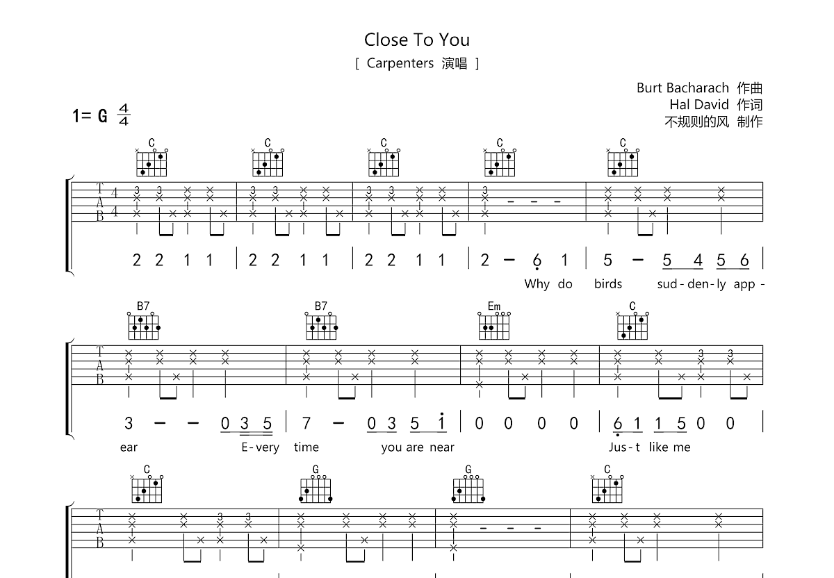 Close To You吉他谱预览图