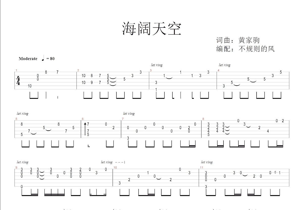 海阔天空吉他谱预览图