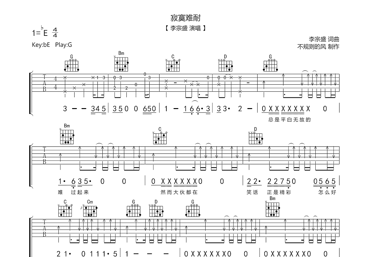 寂寞难耐吉他谱预览图