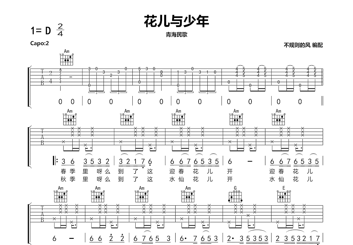 花儿与少年吉他谱预览图