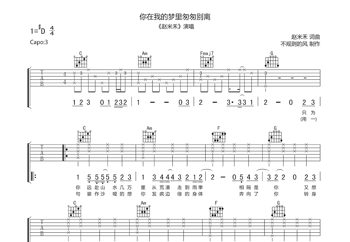 你在我的梦里匆匆别离吉他谱预览图