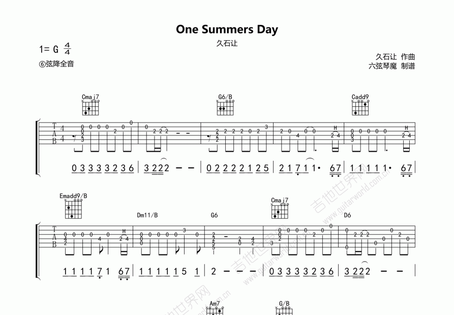 One Summers Day吉他谱_久石让_G调指弹