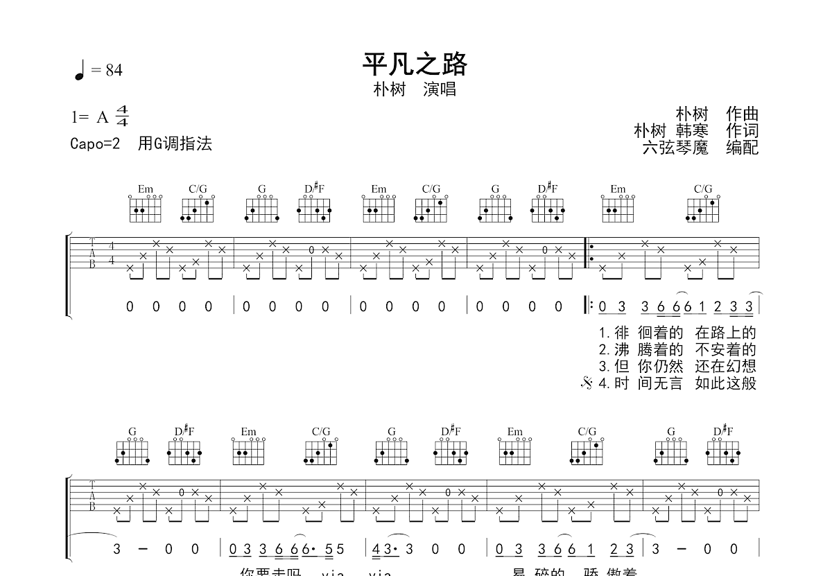 平凡之路吉他谱预览图