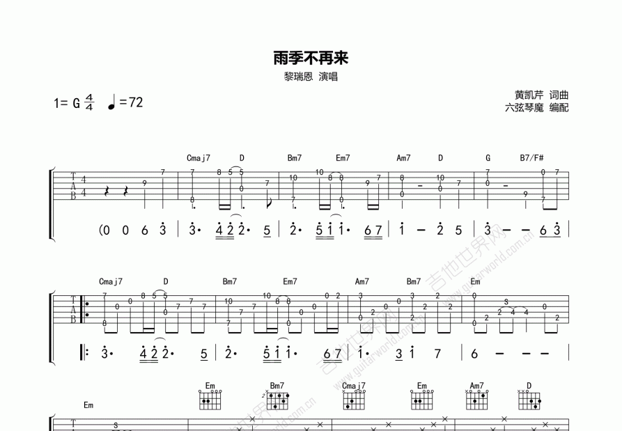 雨季不再来吉他谱预览图