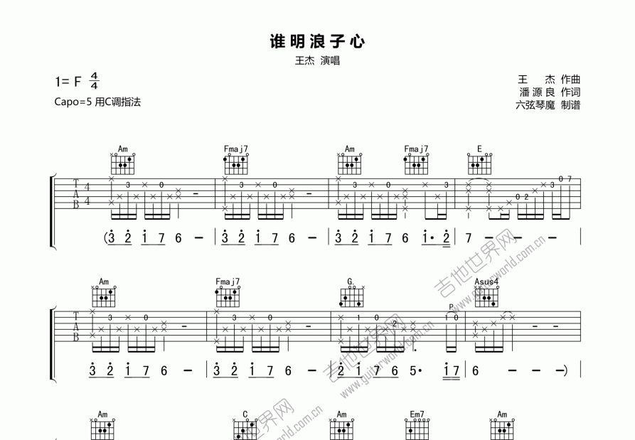 谁明浪子心吉他谱预览图