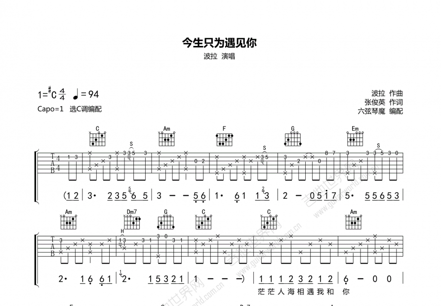 今生只为遇见你吉他谱预览图