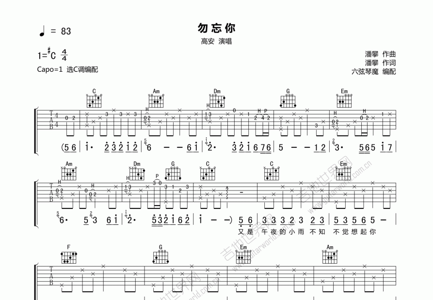 勿忘你吉他谱预览图