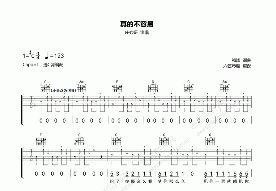 真的不容易吉他谱预览图