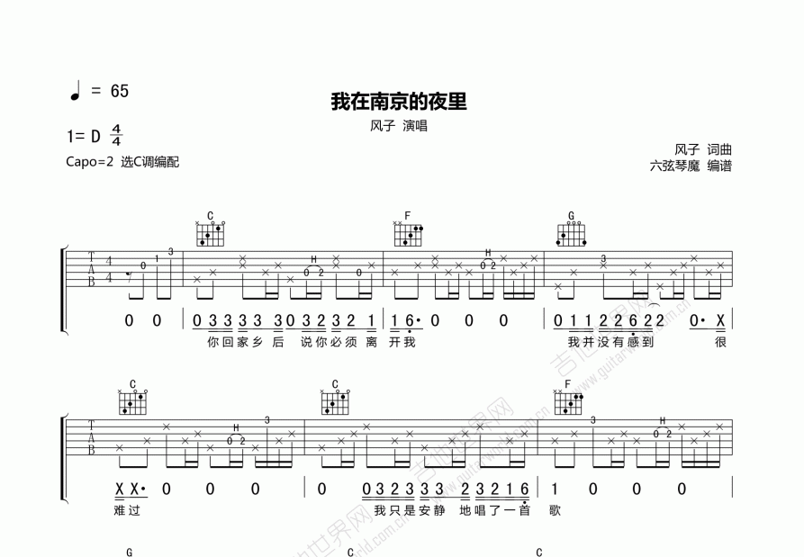 我在南京的夜里吉他谱预览图