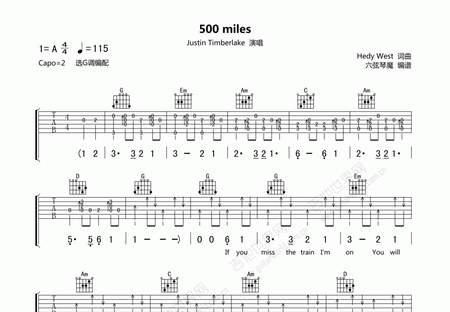 500 Miles吉他谱预览图