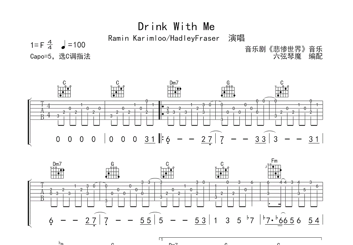 Drink With Me吉他谱_Ramin Karimloo,Hadley Fraser_C调指弹