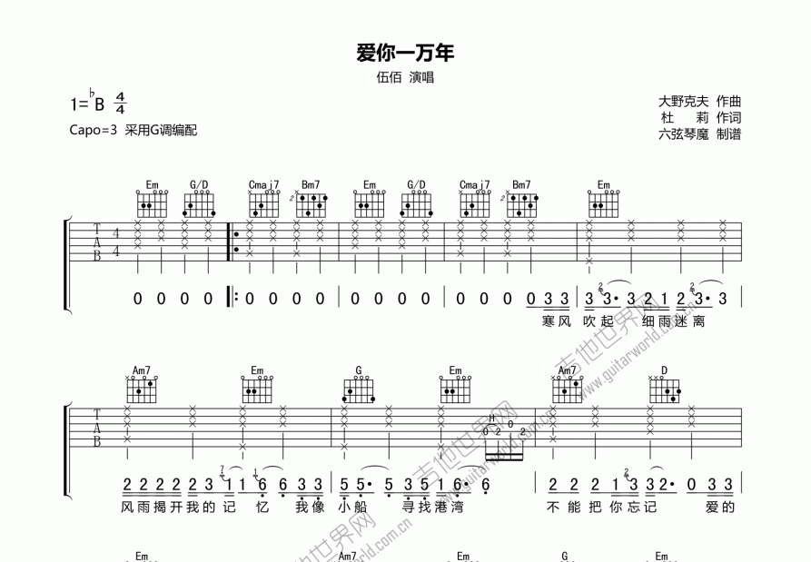 爱你一万年吉他谱预览图