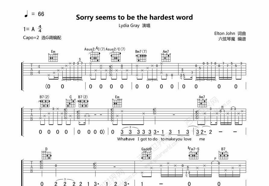 Sorry seems to be the hardest word吉他谱预览图