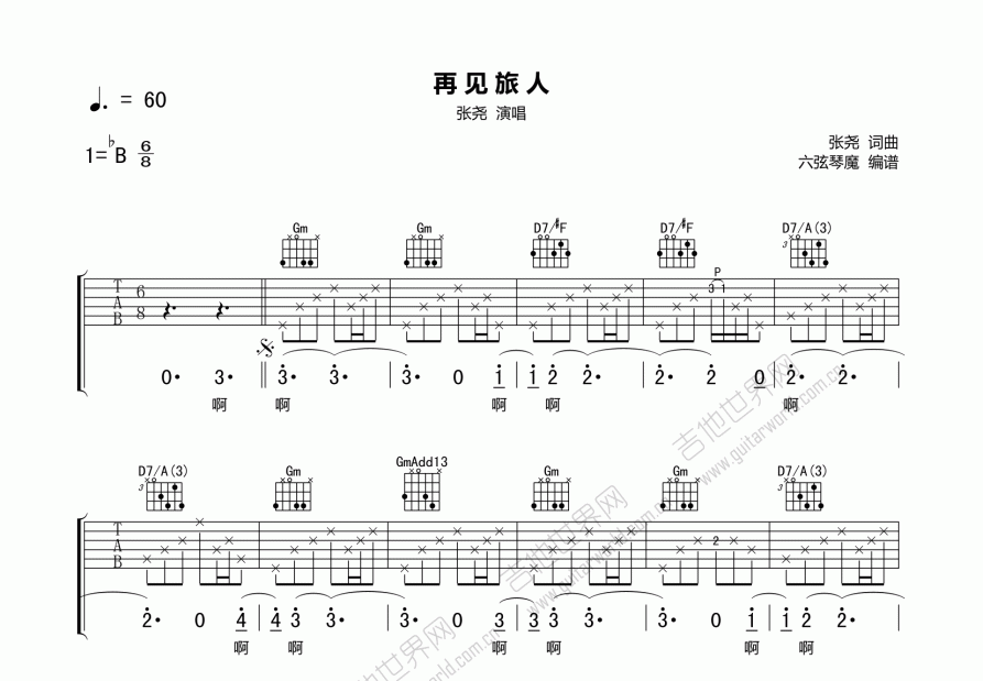 再见旅人吉他谱预览图