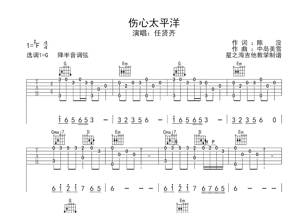 伤心太平洋吉他谱预览图