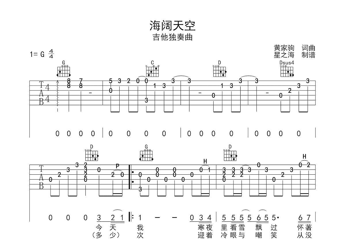 海阔天空吉他谱_黄家驹_G调指弹