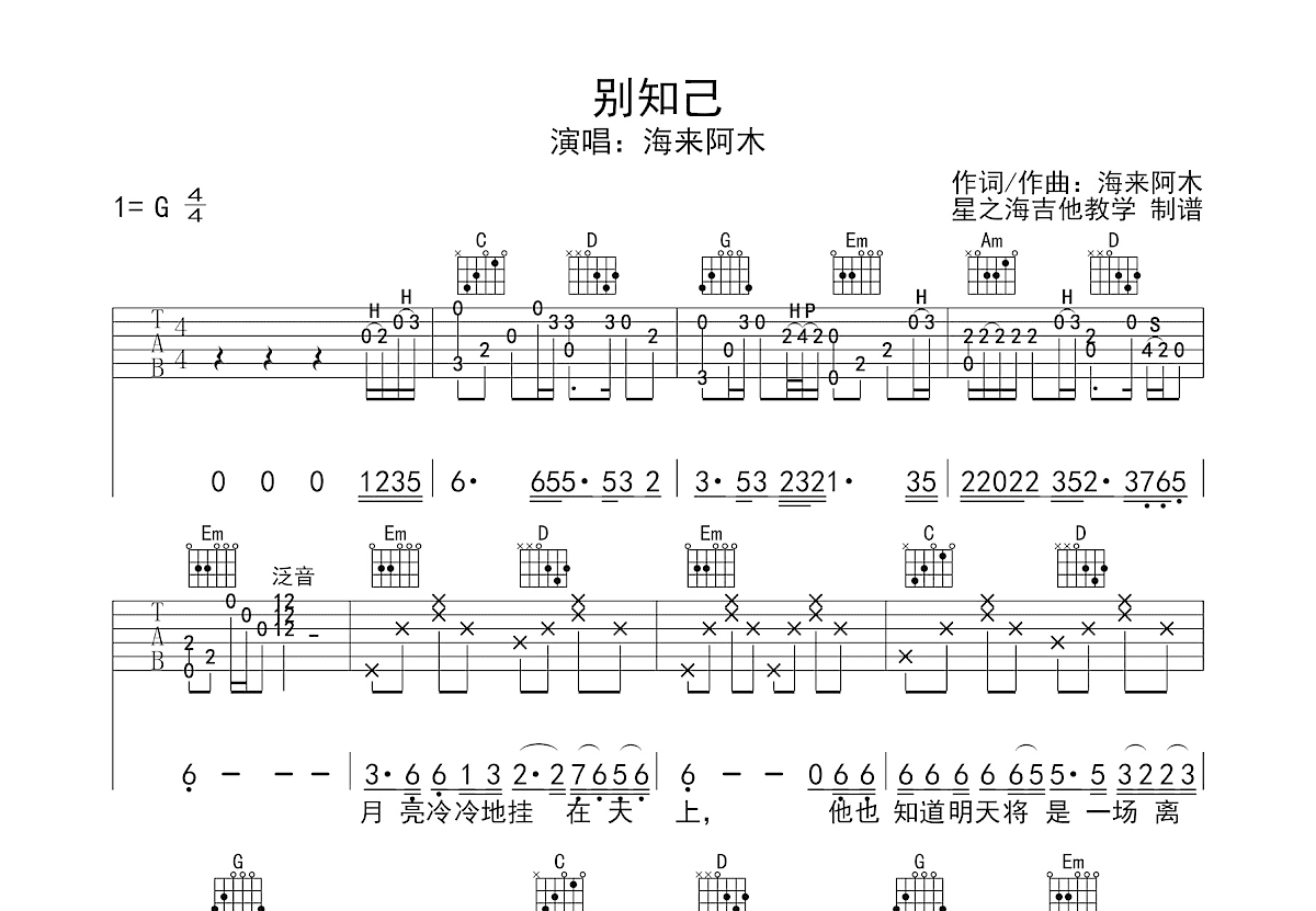 别知己吉他谱预览图