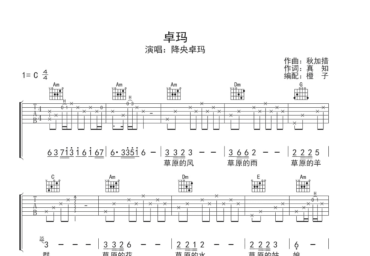 卓玛吉他谱预览图