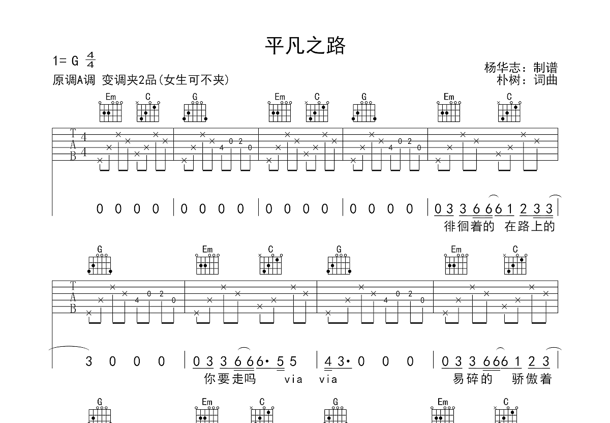 平凡之路吉他谱预览图