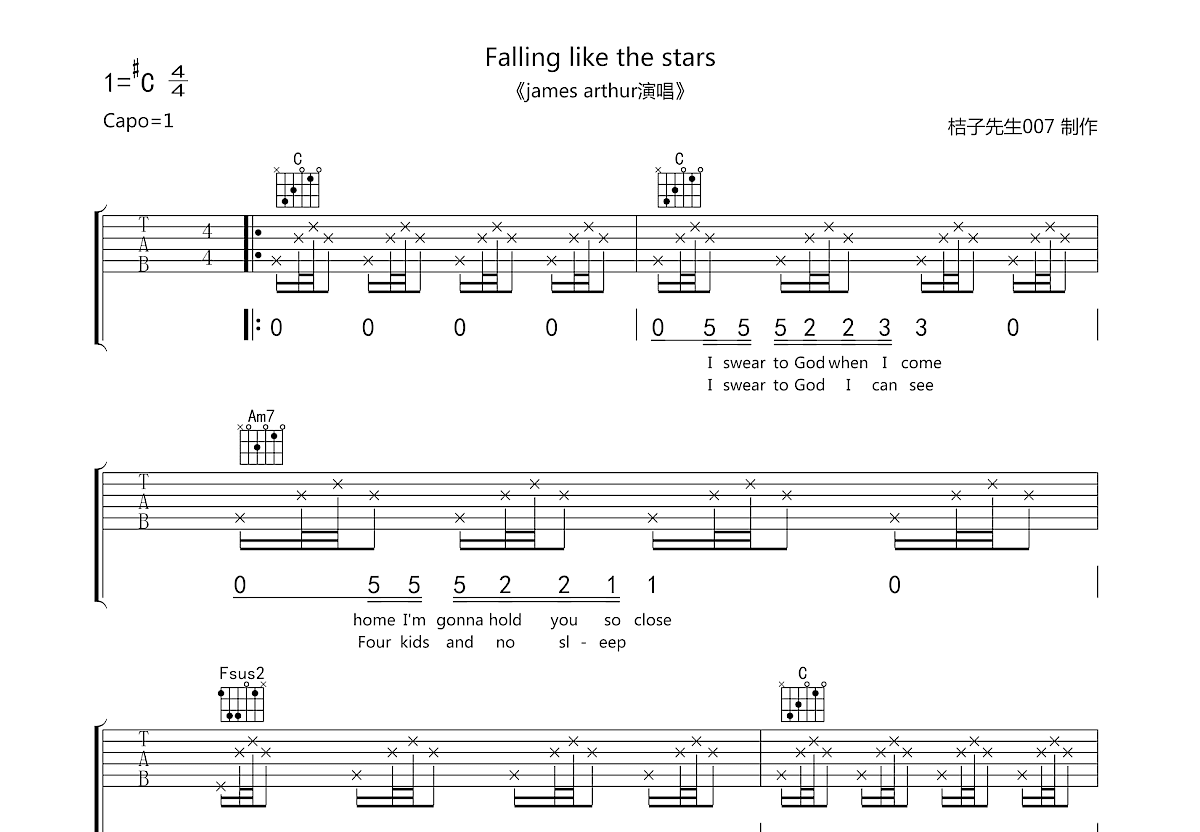 Falling like the stars吉他谱预览图