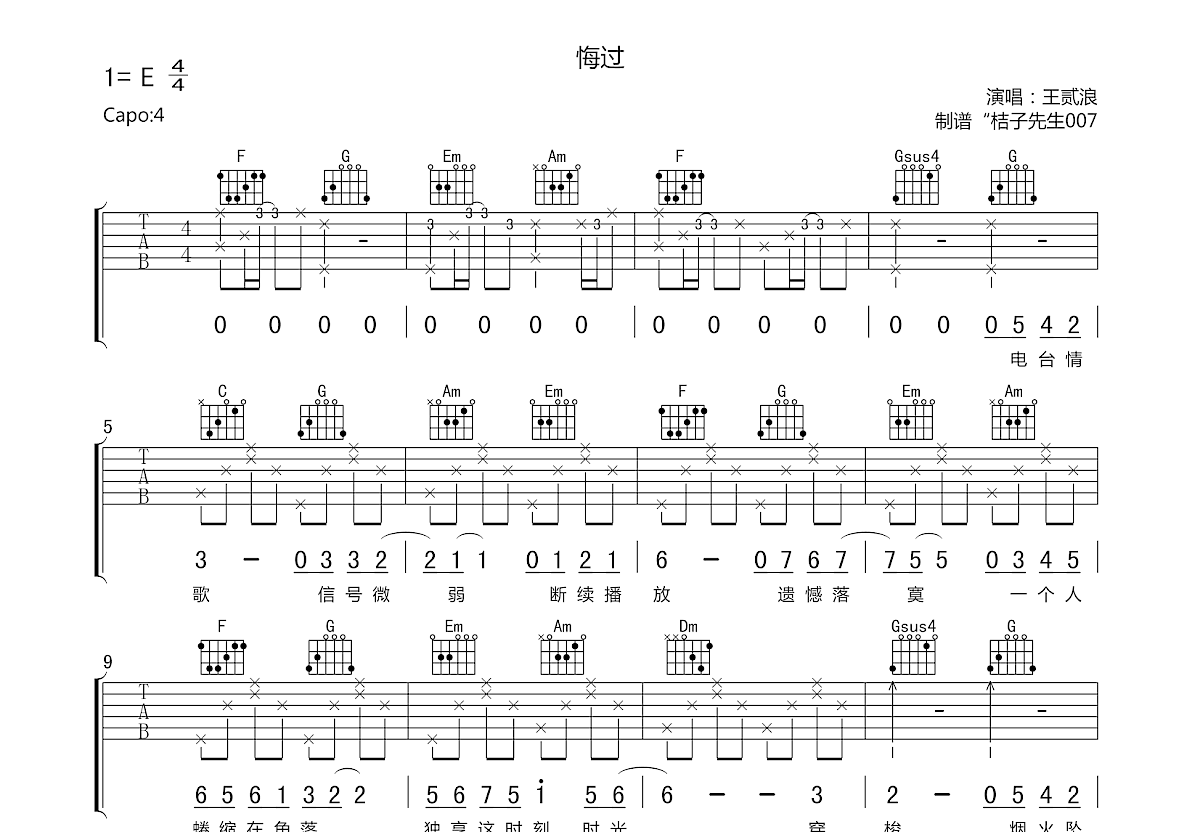 悔过吉他谱预览图