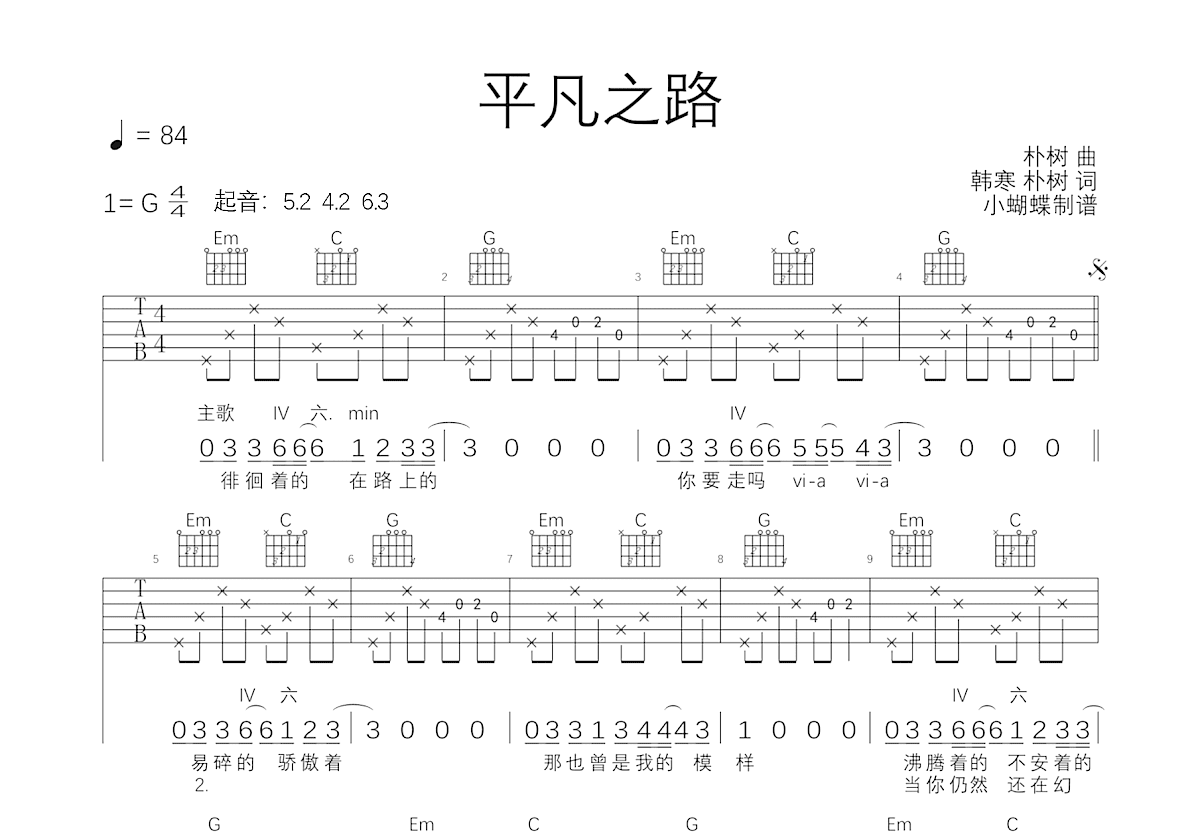 平凡之路吉他谱_朴树_G调弹唱