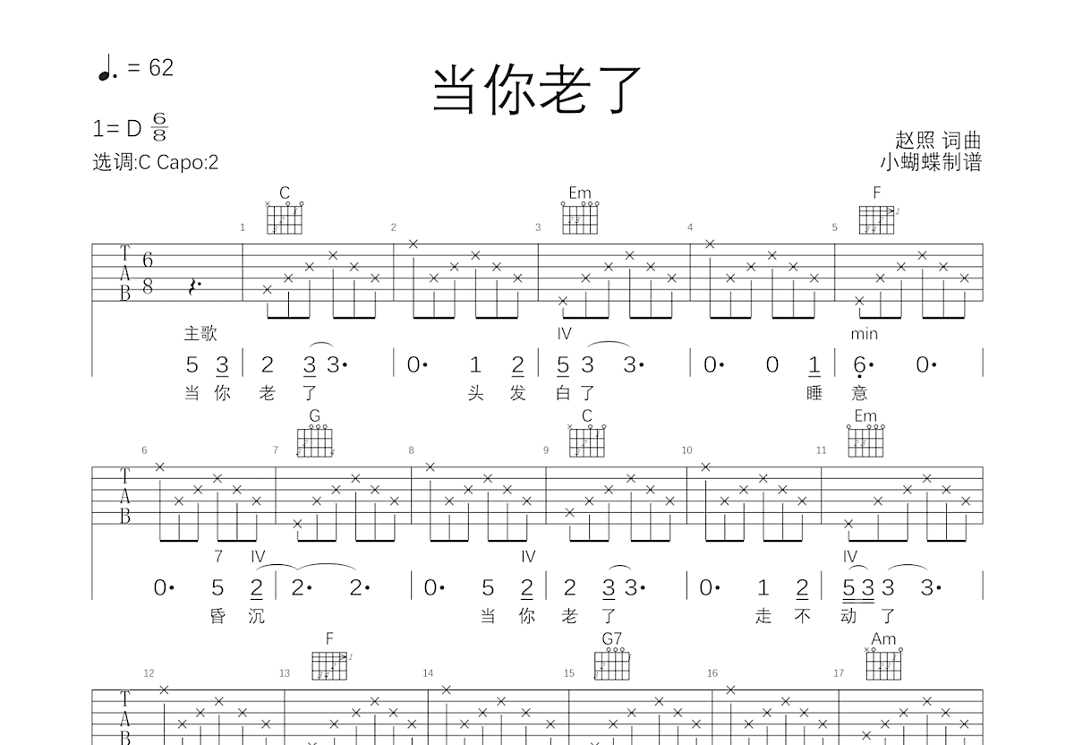 当你老了吉他谱预览图