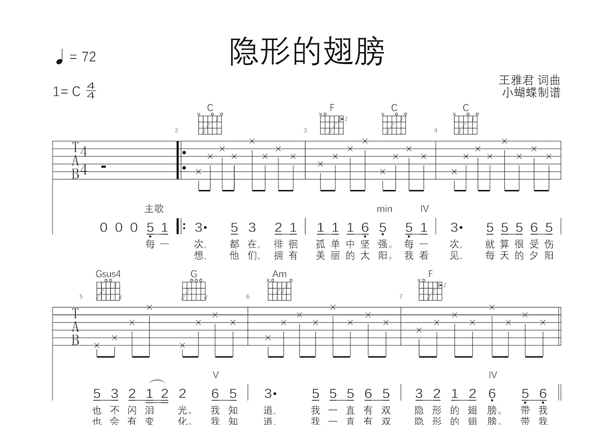 隐形的翅膀吉他谱_张韶涵_C调弹唱