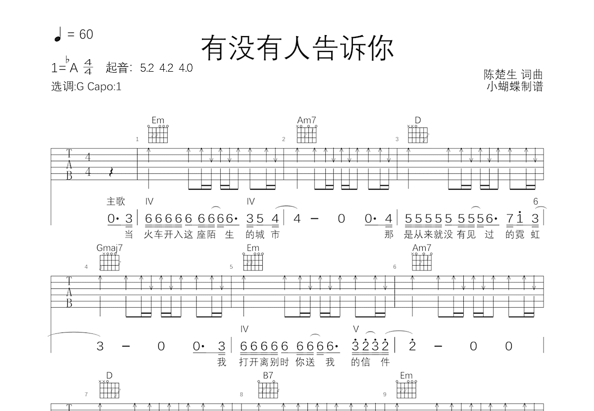 有没有人告诉你吉他谱_陈楚生_G调弹唱